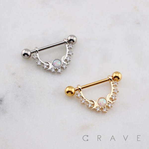 MOON OPAL BEZEL CZ 316L SURGICAL STEEL NIPPLE RING SHIELD